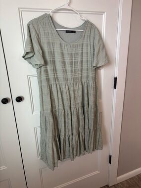 Mikarose Sage Green Crinkle Tiered Midi Dress